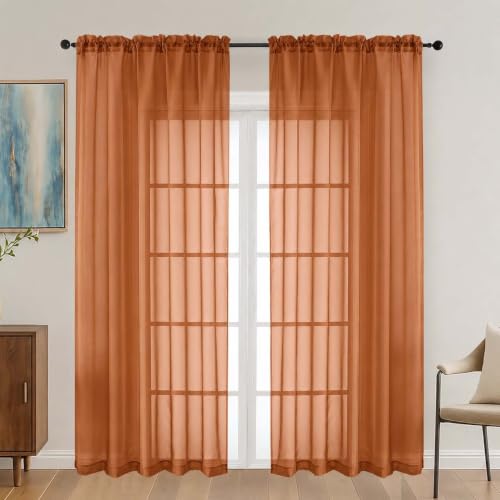 Image of Orange Sheer Curtains 72 Inches Long 2 Panels Set, Light Filtering Sheer Curtains for Living Room Bedroom 59 Inch Extra Wide, Modern Voile Filmy Rod Pocket Window Drapes, 59Wx72L Inches