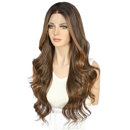 Sapphirewigs Highlight Lace Front Wig Dark Brown 13x4 Synthetic Body Wave Synthetic Lace Front Wigs Ombre Brown Party Date Daily Wear Christmas Natural Looking 26 inch - Image 4