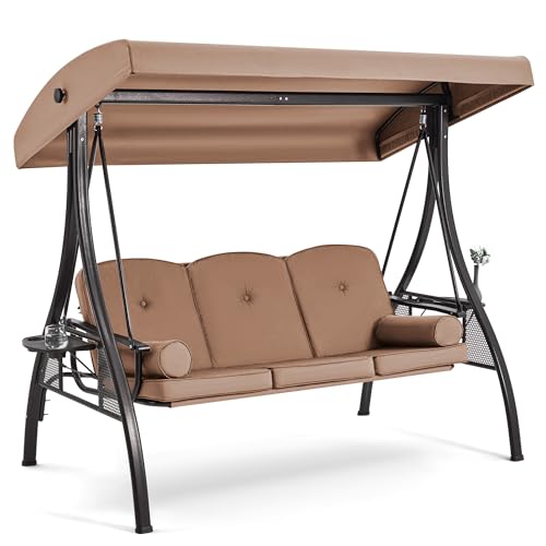 Image of HOMREST 3 Seat Outdoor Porch Swing with 1.5 inch Deepened Cup Holder, Adjustable Canopy, Patio Swing Bed with Stand, Patio Glider Swing with Thicken Cushions, Pillow for Yard, Garden(Brown)