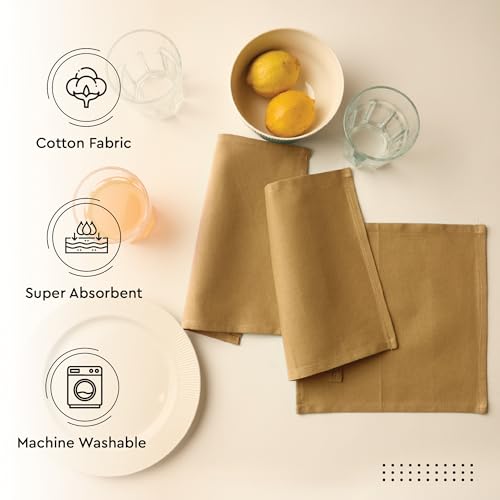 Image of Encasa XO Dining Cocktail Napkins 12 pcs (1 Dozen) Set of Large 23x23 cm (9 inchx9 inch) - Mustard - Absorbent Heavy Cotton Party Fabric Machine Washable for Home Restaurant Banquet & Hotel