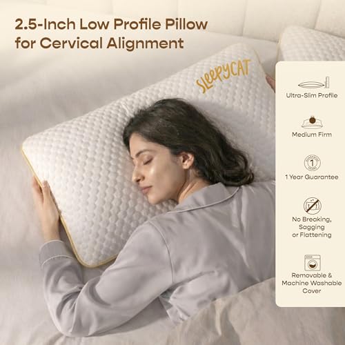 Image of SleepyCat Slim Memory Foam Pillow | 2.5 Inch Thin Support Pillow for Spine Alignment & Pain-Relief | Premium Bamboo Zipper Cover (Standard Size, 24.5 X 15 inches, White)-Set of 2