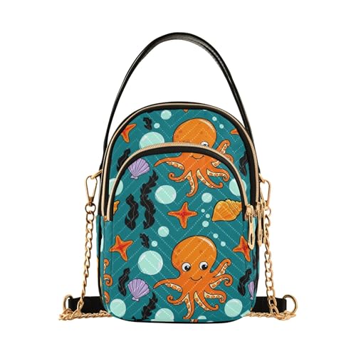 Women's Shoulder Handbag Octopuses Playful Sea Animal Quilted Phone Wallet Chain Strap Purse Cute Zipper Crossbody Bowler Bag, 5.9