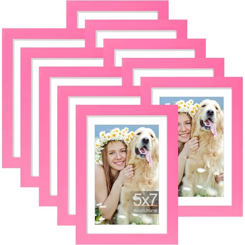 decorUhome 5x7 Picture Frame Set of 10, Display Photos 4x6 with Mat or 5x7 Unmatted for Picture Frames Collage Wall Decor, Pink