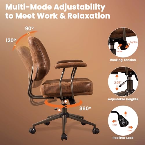 Image of Brown Leather Home Office Chair, Mid Back Ergonomic Desk Chair with Lumbar Support, Mid Century Modern Deep Seat Swivel Rocking Computer Chair, Dark Brown Suede