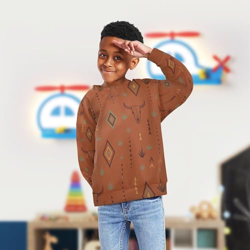 JUNZAN Western Bull Boho Terracotta Kids Boys Pullover Hoodie Long Sleeve Boys Sweat Shirt Athletic 4T4