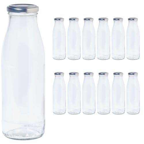 Vitrea 12 leere Glasflaschen 500ml Schraubverschluss Silber - Milchflaschen, Saftflaschen, Flaschen zum Befüllen mit Deckel - für Milch, Saft, Smoothies, Öl - 12 Stück, TO48, Milch