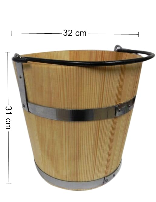 Wooden World - Grand Seau en Bois avec Anneau et Anse en métal 15 litres - Style Ancien très Solide - Seau de Sauna
