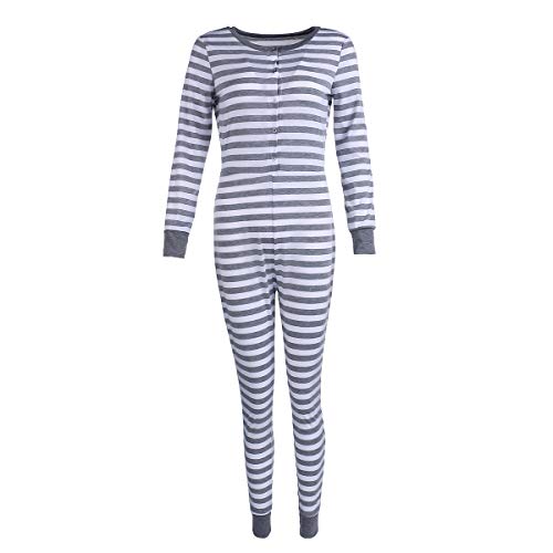 Women Striped One Piece Pajama Romper Union Suit Underwear Set Long Sleeve Jumpsuit Sleepwear (Grey, S)