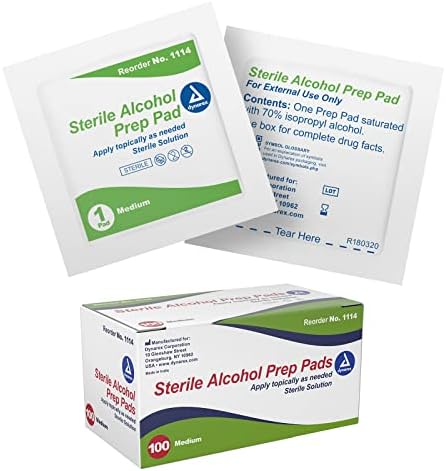 Dynarex Alcohol Prep Pads, Medical-Grade and Non-Woven Prep Pads, Saturated with 70% Isopropyl Alcohol, Rapid-Acting Antiseptic Wipes, 1-Ply, Medium, 1 Box of 100 Alcohol Prep Pads