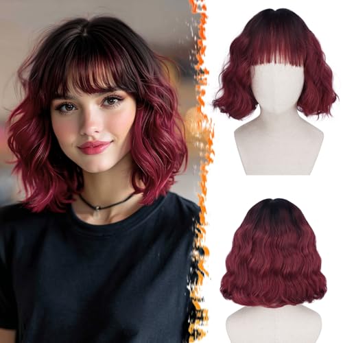 BARSDAR Red Ombre Short Wavy Wig with Bangs - Short