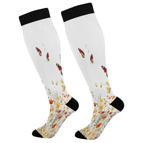 Nander Wildflowers and Butterflies Compression Socks Women Men Knee High Stockings for Sports,Running,Travel 1Pair