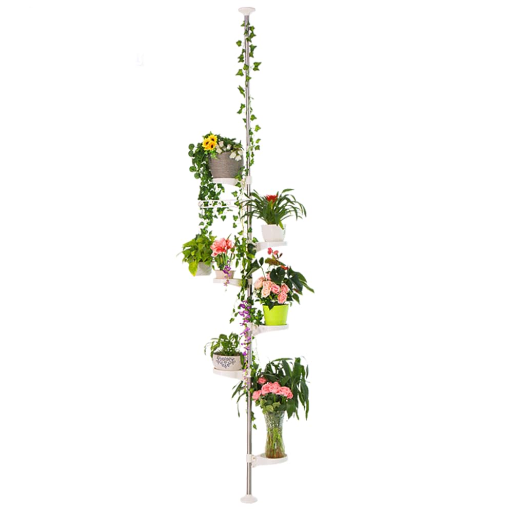 Hershii - Soporte de 7 niveles para plantas de interior, decorativo de metal para macetas, estante de exhibición de suelo a techo ajustable, esquinero para el suelo, ahorro de espacio, color marfil