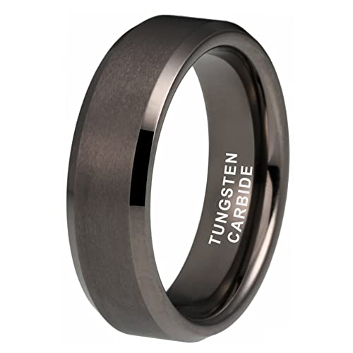 TUTISS 6mm Gunmetal Tungsten Rings for Men Women Fashion Engagement Wedding Bands Matte Finish Beveled Edges Comfort Fit Size 11