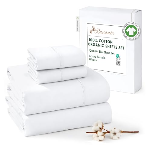 RUVANTI 100% Cotton Organic Percale Sheets Queen Size – Crisp Cooling Bed Sheets for Hot Sleepers, Deep Pocket 15”, Soft Peach Finish, Breathable & Durable Hotel-Style 4 Pcs, Bright White