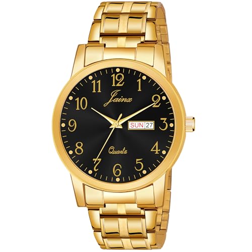 Image of jainx Metal Premium Golden Chain Day and Date Feature Analog Wrist Watch for Men (Black /Golden Color Dial)