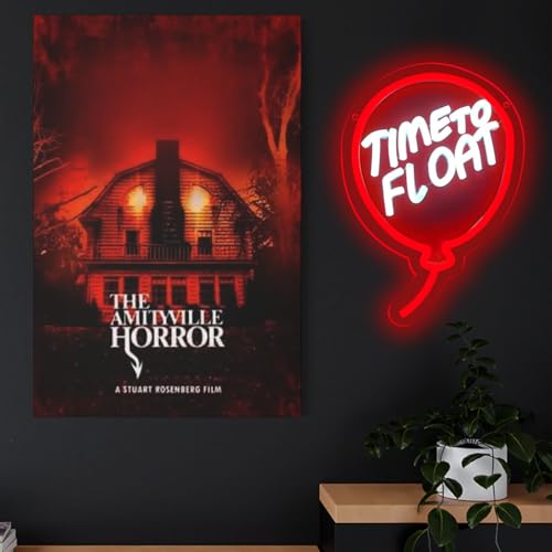 Image of Horror Move Neon Signs for Wall Decor, inchTime to Float inch UV Printed Acrylic Dimmable Light, 7.8 x 11.1 IN, Horror Decor, Red Balloon Wall Art for Bedroom, Halloween, Creepy Clown Gift