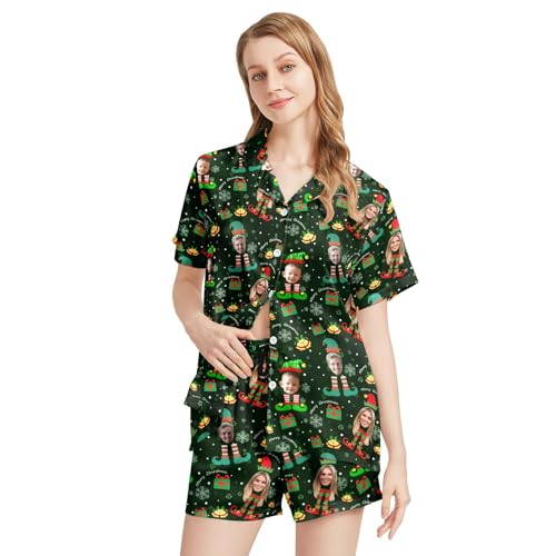 Image of Funny Satin Pajamas Set for Women Button Down Sleepwear Print Pjs Set 2 Piece Short Sleeve Loungewear Gift for Women