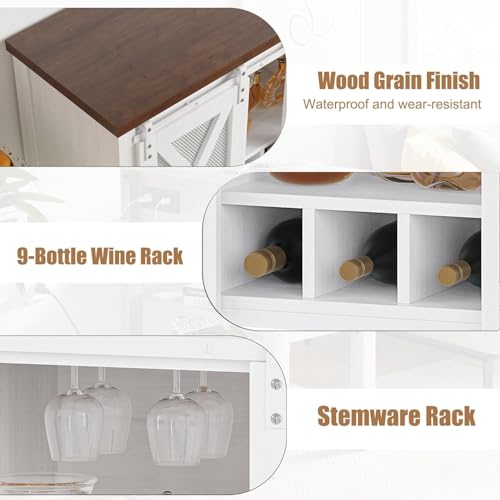 Garvee Farmhouse Wine Cabinet, Coffee Bar Sideboard Cabinet Storage, Console Table with Sliding Barn Doors, Entryway Table with Glass Rack for Kitchen Dining Room Hallway, 46.5 inches Long, White