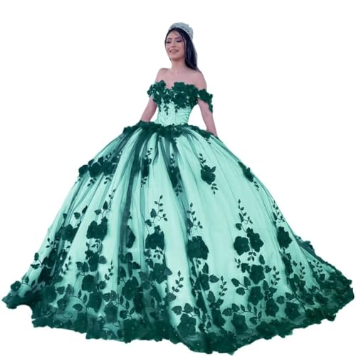 3D Floral Flowers Quinceanera Dresses Puffy Tulle Lace Appliques Sweet 15 Dresses Gorgeous Pearly Beaded Ball Gown