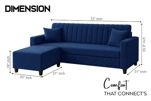 Image of L-Shaped 3 Seater Sectional Sofa with Ottoman | Modern Upholstered Couch | Vertical Channel Tufted Backrest | Diamond Quilted Arms & Base | Comfortable Living Room Furniture - Blue