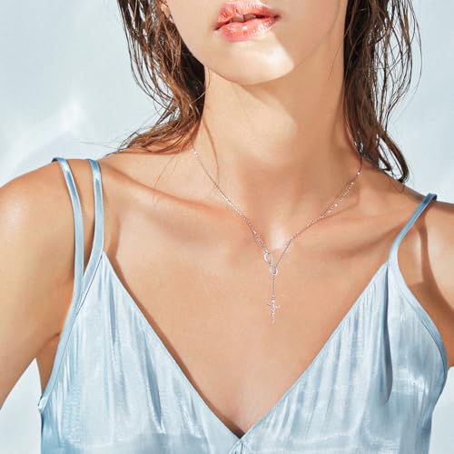 FANCIME White Gold Plated 925 Sterling Silver High Polished Infinity Cross Pendant Lariat Necklace Y Necklace Easter Gift for Women Girls, 18"3