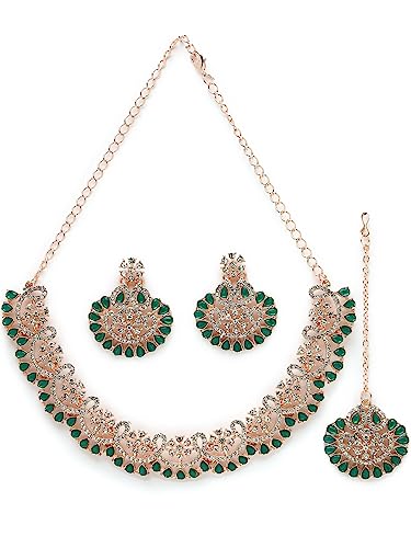 Sukkhi Admirable Fashionable AD Green Stones Collar Bone Necklace Set With Earring And Maangtika | Jewellery Set For Women (NS105673) (B0CBPD96ZQ) Amazon Price History, Amazon Price Tracker
