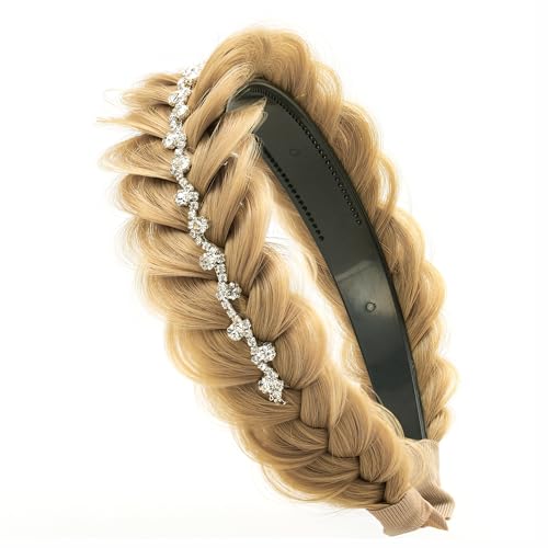 TOECWEGR Wide Messy Braided Headband with Teeth Synthetic Braided Headband Twisted Braid Fishtail with Crystal Embellishments Accessories for Girl and Women