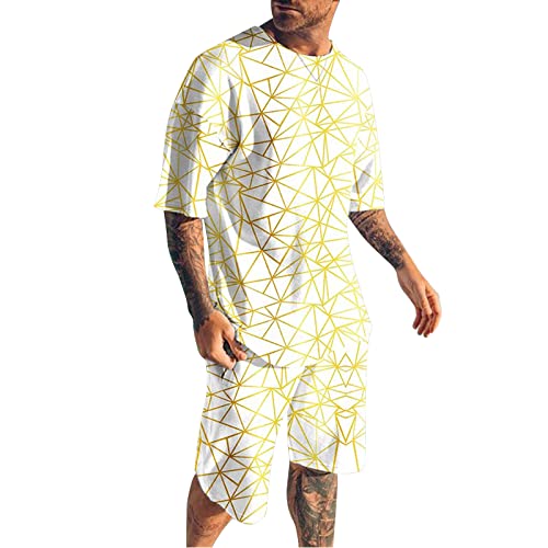 QWUVEDS Men's Casual Two-Piece Suit with Crew Neck, Printed Pullover, Short Sleeve T-Shirt and Shorts with Medium Waist, Sports Suit, Football Tracksuit Kids, 050314-Yellow, L