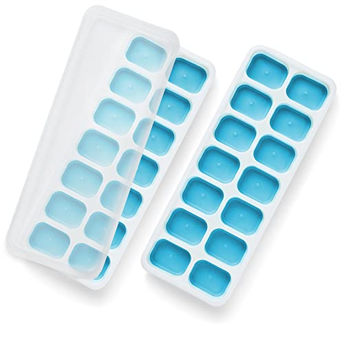 KEPLIN 2pk Silicone Ice Cube Trays with Non-Spill Lids, Easy to Remove Tray, LFGB Certified BPA Free, Flexible Silicone Ice Cube Moulds, Parties, Drinks, Cocktails & Frozen Liquids (2pk Blue)