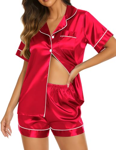 Image of Ekouaer Silk Pajamas for Women Short Sleeve Sleepwear Soft Button Down Loungewear 2 Piece Satin Pjs Shorts Set