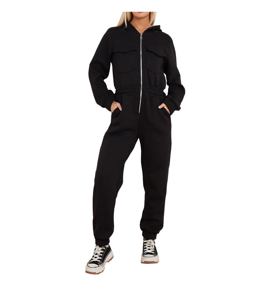 METLUQ M0D4 Ladies Front Zip 2 Side Pockets Jumpsuit Ladies Long Sleeve 2 Chest Pockets Hoodie Playsuit