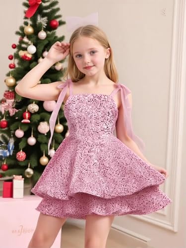 Sequined Girl Dress Tiered Sparkling Bow Strap Short Birthday Wedding Pageant Formal Mini Dress4
