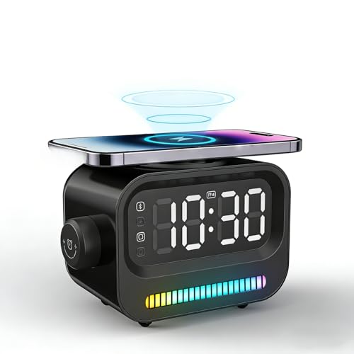 15W Magnetic Wireless Charger, Alarm Clock, Bluetooth Speaker, RGB Light Bar, 4-in-1 Bedside Charging Station for iPhone 17/16/15/14/13/12 Pro Max, Android (Black)