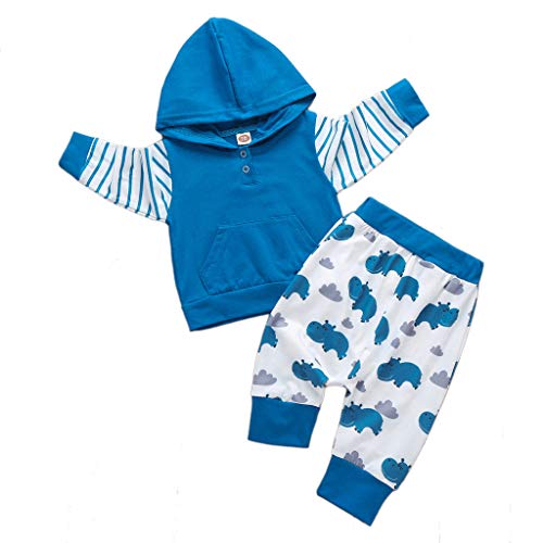Baby Boys Girls Cute 2Pcs Outfits Clothes Set for Toddler Kids Newborn Hooded Pullover Hoodie Tops+Cartoon Hippo Pants (Blue, 6-12 Months)