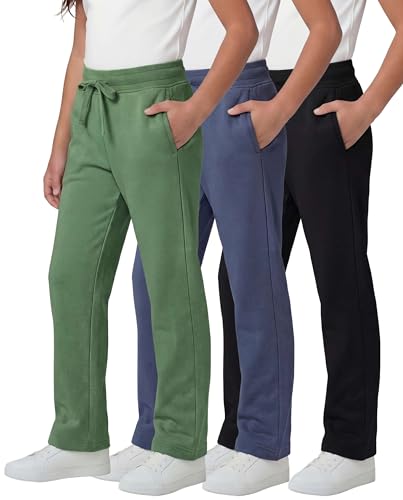 Image of Real Essentials 3 Pack: Girls' Fleece Open Bottom Soft Athletic Performance Casual Sweatpants(Ages 7-16)