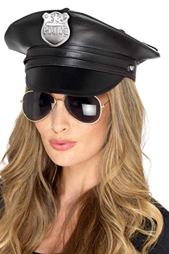 Smiffys Deluxe Police Hat, Black Faux Leather, Cops & Robbers Fancy Dress, Cops and Robbers Dress Up Hats - Image 2