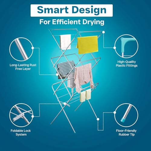 3 Tier Folding Clothes Airer, Indoor & Outdoor Drying Rack, Lightweight, Foldable, Non-Slip Feet, Corner Hanger Hooks, Compact Laundry Dryer for Home Storage, Standing Dry Racks, Clothes rail (WHITE) - Image 6