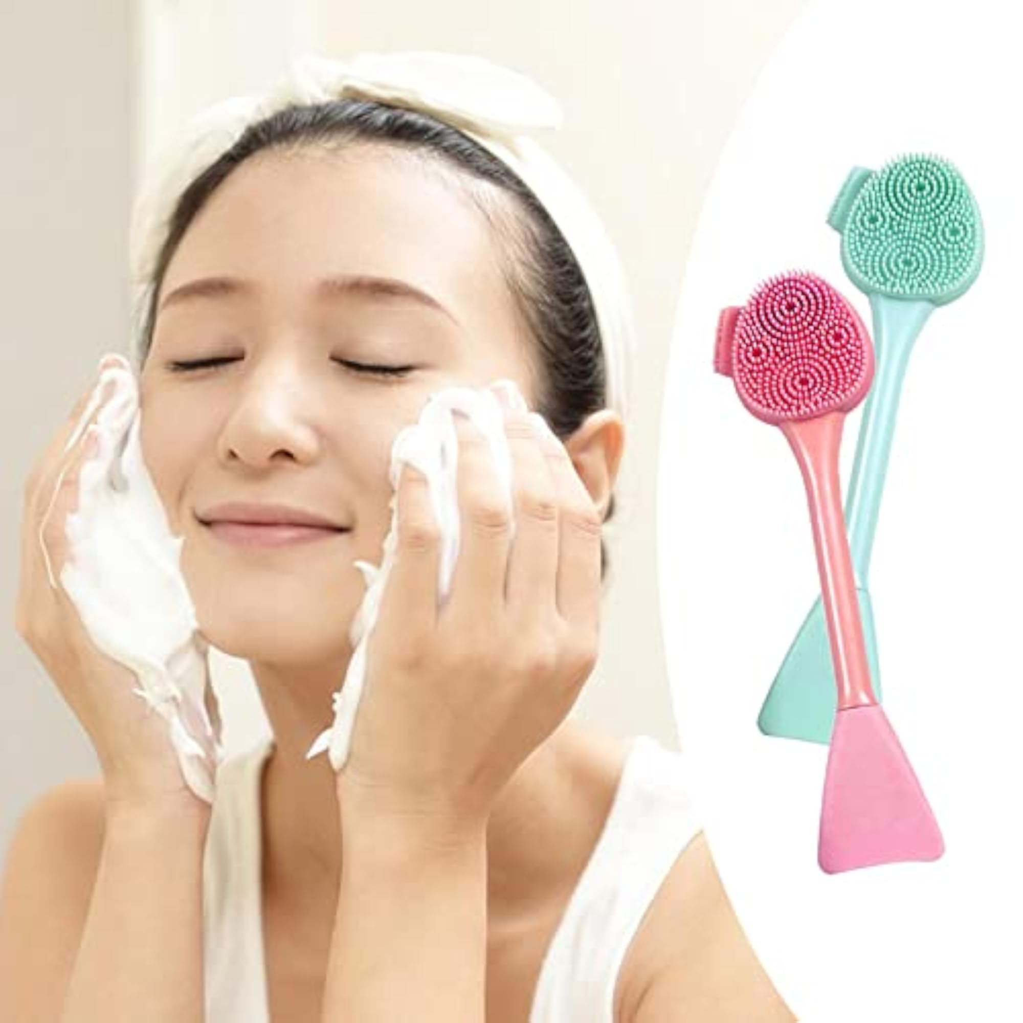 Silicone Face Wash Brush Double Ended All in One Handheld Soft Tools, Pink