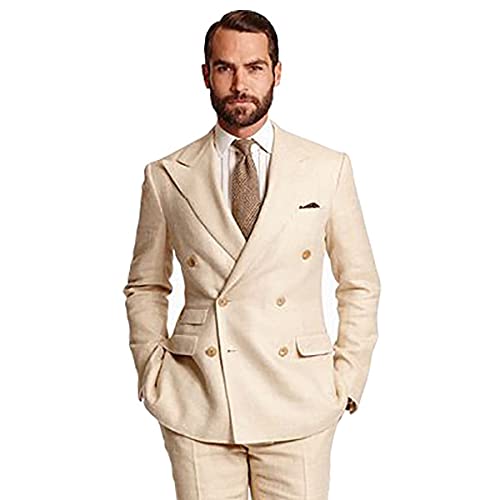 Mens Beige Linen Solid Double Breasted Slim Fit Suit Set Grooms Wedding Suits Tux Blazer Jacket Pants Separates2