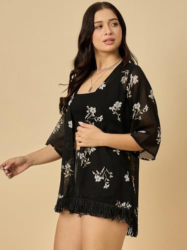 Image of Azira Georgette Floral Printed Front Open Shrug |Black Color|Short Length | Western & Casual Wear| Summer Wear | Shrugs for Woman Stylish