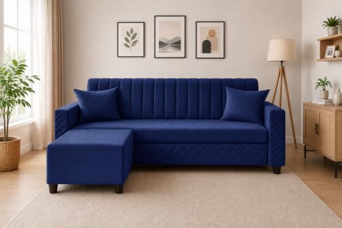 Image of 3 Seater Velvet Sofa with Ottoman | Modern Upholstered Couch | Quilted Design | Soft Comfortable Seating | Sturdy Wooden Frame | Living Room, Office - Blue