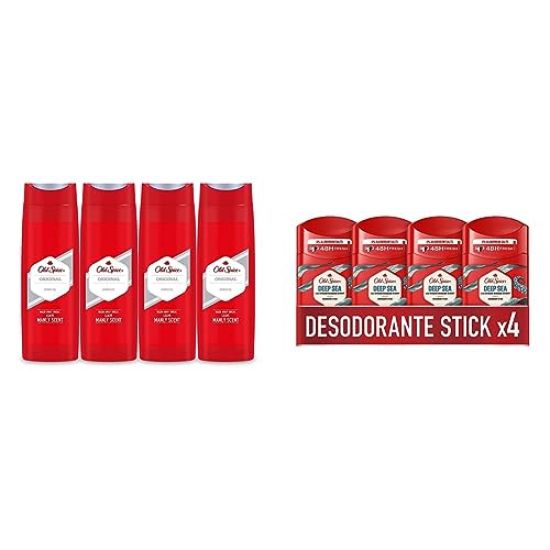 Old Spice Original, Gel De Ducha Para Hombres 4 x 400 ml (1600 ml) & PACK X4 Deep Sea Desodorante en Barra para Hombres, 50 ml