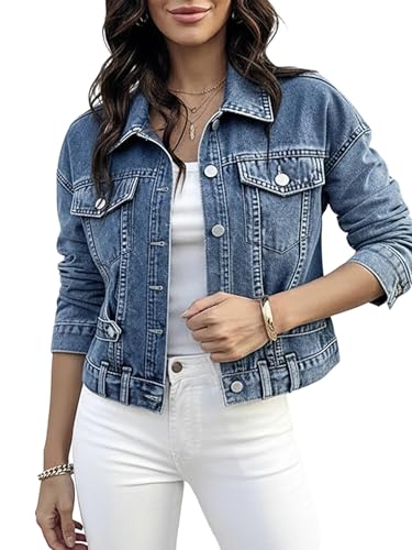 CHICME Women’s Casual Cropped Denim Jacket Button Down Long Sleeve Jean Jacket Cinched Waist Washed Denim Coat-ldb-S