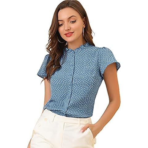 Allegra K Blusa con Botones y Manga Corta con Cuello con Volantes y Estampado de Puntos para Mujer Azul S Cover