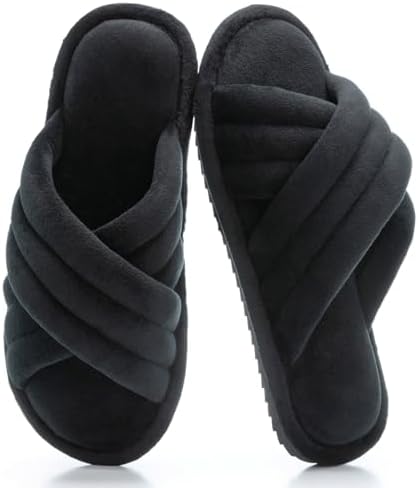 Cross Band Womens Slippers Indoor and Outdoor with Cozy Memory Foam Ladies House Slippers Shoes Slides Open Toe Cute Gifts for Women Her Mom Soft Slip On Slipper Black