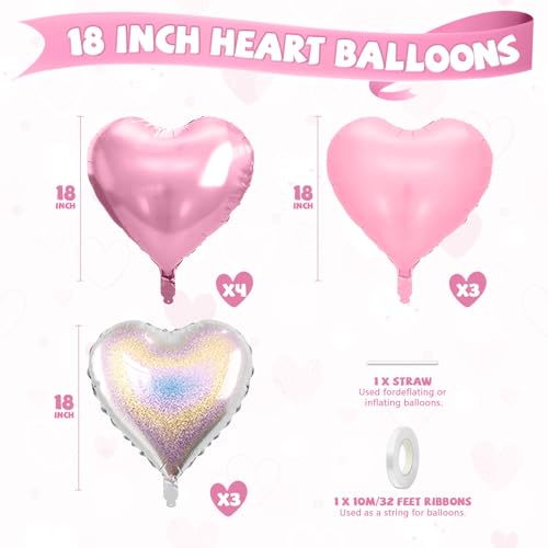 Image of Pink and Silver Heart Balloons, 10 Pcs Pink Laser Silver Heart Shaped Balloon, 18 Inch Metallic Glitter Stars Foil Balloons for Girls Women Princess Brithday Baby Shower Valentines Party Decorations