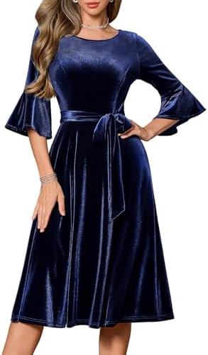 HomRain Women's Long Sleeve Velvet Midi Dresses for Wedding Guest Church Formal Winter Christmas Cocktail Party