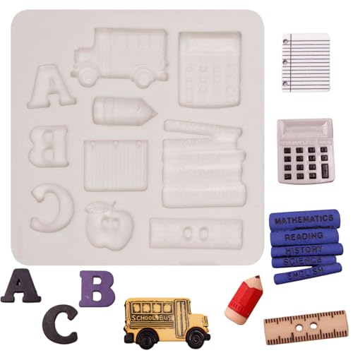 Materiais Escolares Fondant Formas de Cozimento Calculadora de Livros Moldes de Silicone Régua Lápis Moldes de Chocolate Ônibus Escolar Moldes de Maçã para Decoração de Bolos Topo de Cupcake Pasta de