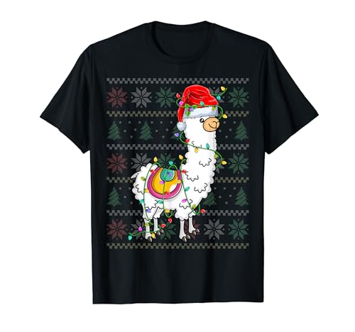 Llama Santa Hat Xmas Light Llama Lover Ugly Christmas Camiseta