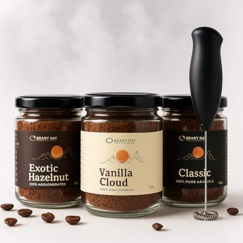 Image of Free Frother I Beany Day Premium Instant Coffee Pack of 3 x 50g | Classic Hazelnut Vanilla Flavors | 100% Pure Agglomerated Coffee | Rich Aroma Smooth Taste | Instant Coffee Combo Pack